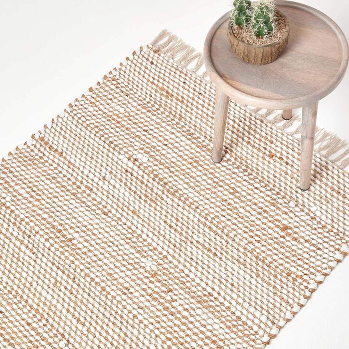 Homescapes Horizon Rug, handwoven from 100% hemp, 160 x 230cm, patchwork rug with herringbone pattern and fringe, cream natural 160 x 230 cm