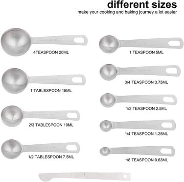 Stainless Steel Measuring Cups and Spoons Set, 8 Piece Measuring Cups, 9 Piece Spoons, 1 Leveler, 1 Conversion Chart for Stainless Steel Measuring Cups, 18/8 (304)