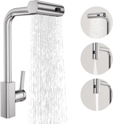 Кухонний змішувач BESy з 3 режимами струменя, висувна лійка, водоспад, поворотний на 360°, для високого тиску, з нержавіючої сталі SUS304, щіткова обробка