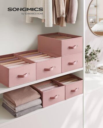 SONGMICS Set of 4 Drawer Organizers, 6 Compartments, Closet Organizer, Foldable, Clothes Organizer, 41.5 x 30.8 x 17.8 cm, for Pants, Clothing, URUS009G04 (Jelly Pink)