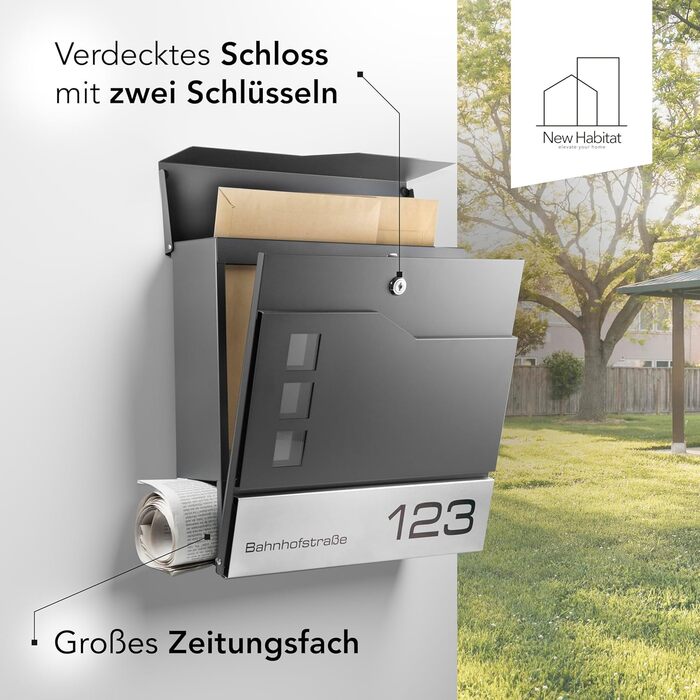 Поштовий ящик Oslo Anthrazit RAL7016 з газетницею та гравіюванням: індивідуальний дизайн, нержавіюча сталь, стійкість до УФ-випромінювання