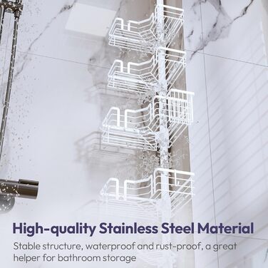 Поличка для душу SWTYMIKI телескопічна, кутова, з мильничкою та тримачем для зубних щіток, 4 гачки, регульована, не потребує свердління, нержавіюча сталь, 70-275 см, білий