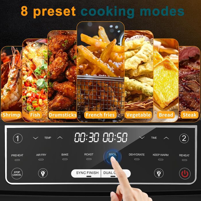 Фритюрниця повітряна з 2 камерами та вікном, 10л XXL, 8-в-1, сенсорний дисплей, таймер, без олії, здорове приготування