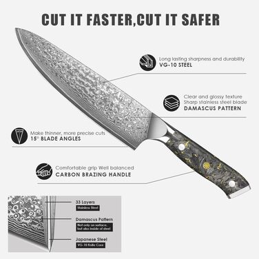 Японський ніж Kuchmesser Kyushublade з дамаської сталі (67 шарів), професійний, з унікальною ручкою з карбону та золота