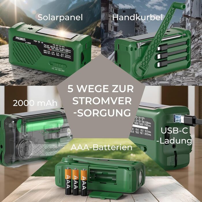 Радіо PRUNUS J-366 FM/AM/SW з ручним заводом, акумулятором 2000mAh та функцією зарядки телефону - аварійне радіо з ліхтариком, SOS сигналом, для подорожів, чорне/зелене