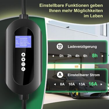 Зарядний пристрій (Wallbox) 11 кВт Type 2, CEE 16A, 6м, 3 фази, з лічильником електроенергії та таймером, для електромобілів (BEV/PHEV), Чорний