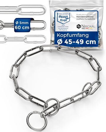 Нашийник для собак з обхватом шиї 49-53 см, нержавіюча сталь V4A, ланцюговий нашийник з запобіжником, довгі ланки 5 мм, загальна довжина 64 см