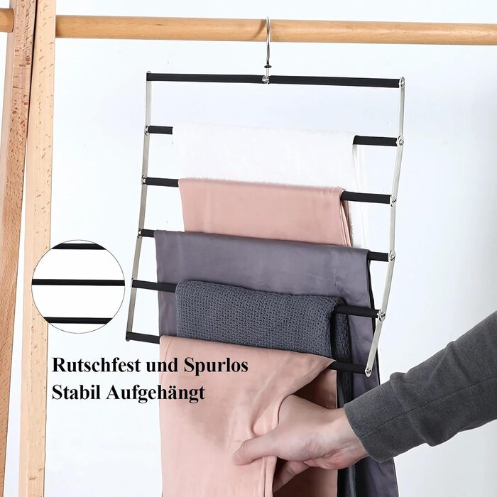 Collapsible Pants Hanger, Space-Saving Pants Hanger, Foldable Non-Slip Pants Rack Made of Stainless Steel, Multifunctional Closet Organizer, Holds Multiple Pants, Jeans, Scarves, Black
