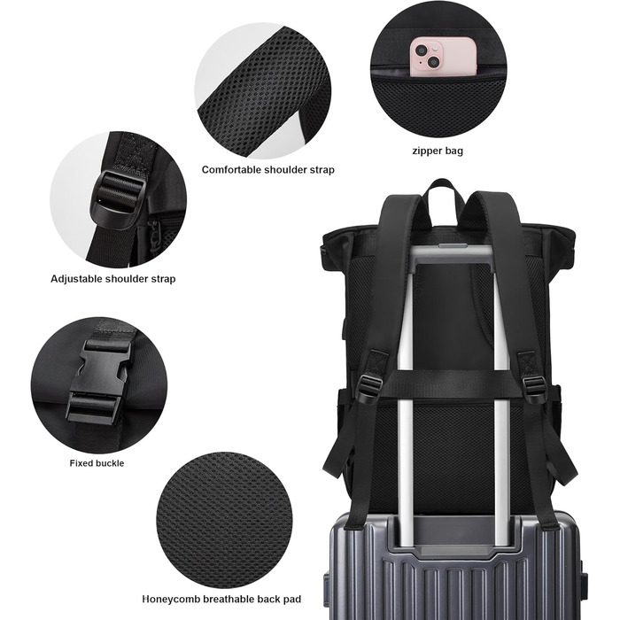 Чорний водонепроникний рюкзак YTL Rolltop з відділенням для ноутбука 17 дюймів. Ідеальний для подорожей, школи, університету та велоспорту.