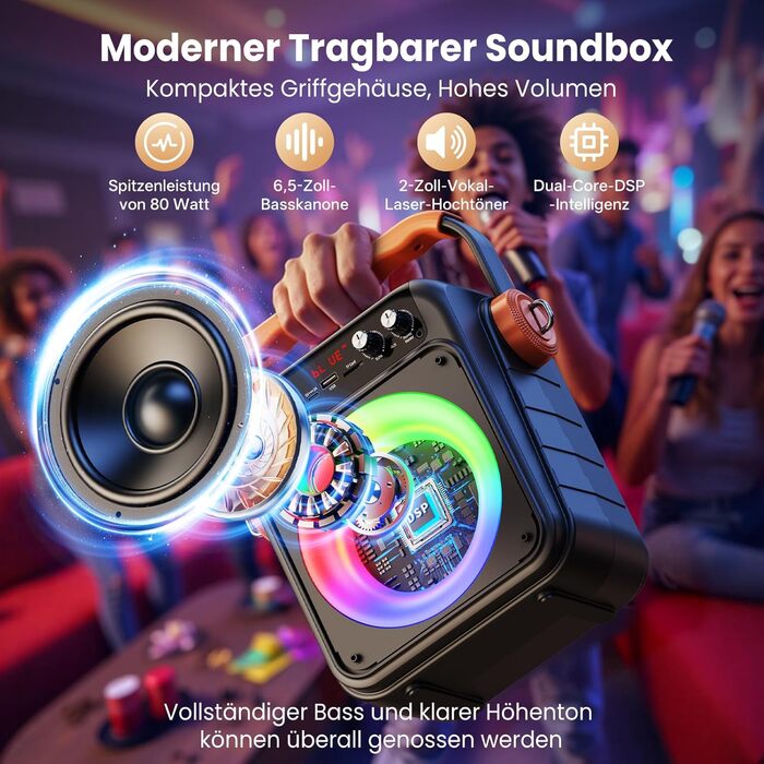 Караоке машина JYX MS82 з 2 мікрофонами, Bluetooth 5.3, USB/TF/AUX, LED-підсвітка, портативна колонка для вечірок та відпочинку