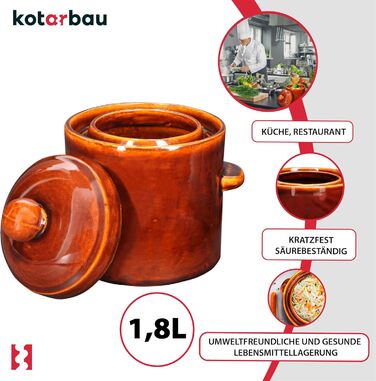 KOTARBAU Глечик для квашення 1,8 л коричневий, керамічний, з гідрозатвором, для квашення огірків і капусти, ємність для засолювання, бочонок з кам'яної кераміки