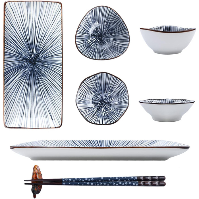 Набір керамічного посуду Artcome 10 шт. у японському стилі: 2 тарілки для суші, 2 соусники, 2 тарілки для закусок, 2 пари паличок для їжі, 2 підставки для паличок. Колір: блакитний.