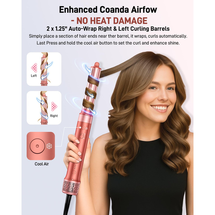 HITTIONA Airstyler 5 в 1: фен, плойка для локонів Auto-Wrap, іонізація, швидка сушка, захист від тепла, для створення локонів та шовковистого волосся, з чохлом, колір - полуниця