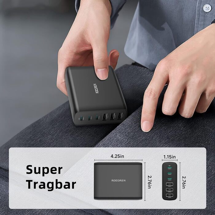 Зарядний пристрій Rocoren USB-C 100W PD3.0 QC4.0 PPS, 6 портів для MacBook Air, iPhone 15 Pro, iPad Pro, Galaxy S24/S23, Huawei - Швидка зарядка