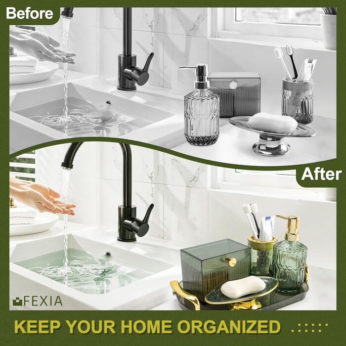 Набір аксесуарів для ванної кімнати FEXIA (5 шт.) - зелений декор у стилі бохо, органайзер для зубних щіток, дозатор мила, лосьйону