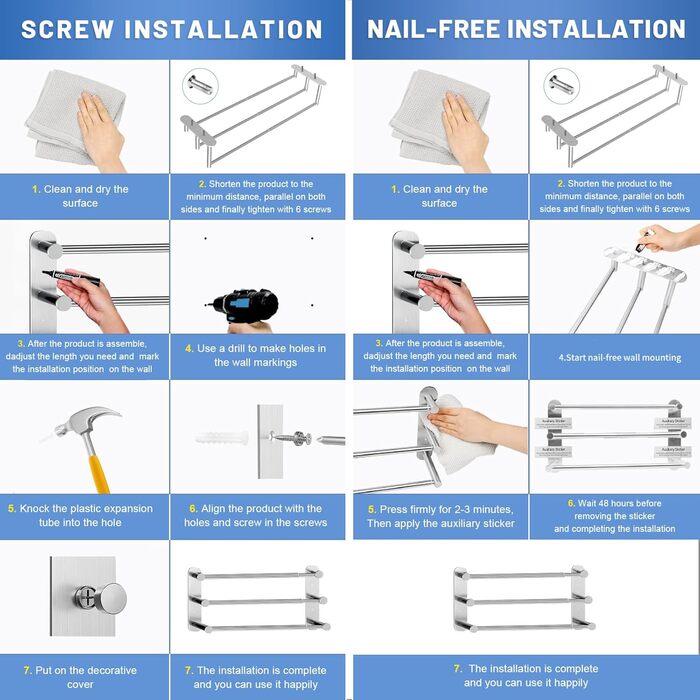 Тримач для рушників Lannvan без свердління, висувний 37-70см, нержавіюча сталь, для ванної кімнати та кухні, 2 способи встановлення, сріблястий