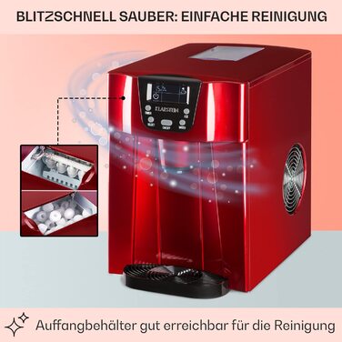 Машина для приготування льоду Klarstein Eiswürfelmaschine Klein, 2L, червона, з дозатором води, для 12 кг льоду, швидка, з сигналом