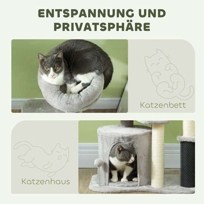 PawHut Комплекс для котів з когтеточкою, лежаком, іграшками, плюшем, 60 x 39 x 87 см, світло-сірий/кремовий