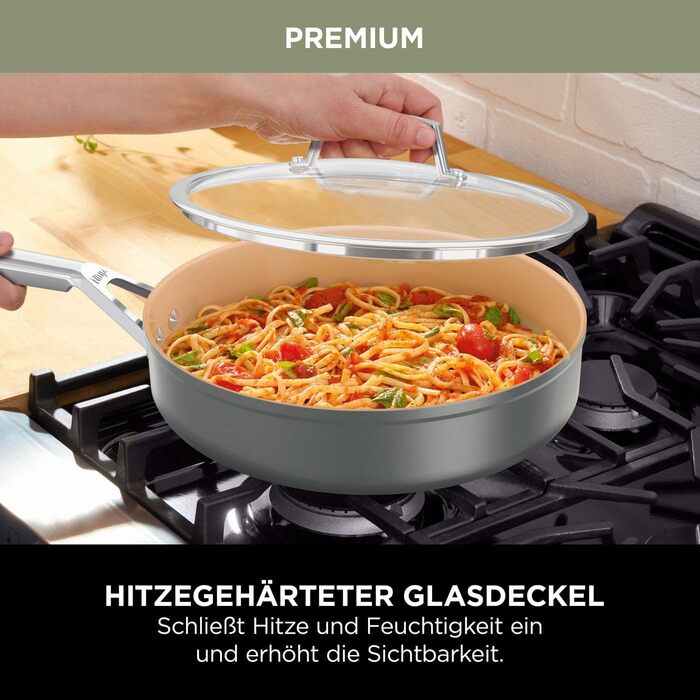 Ninja Extended Life Ceramic Cookware Set - 5 Piece (20 & 24 inch Saute Pans + 16, 18 & 20 inch Pots with Lids), Non-Stick (PFOA, PFOS Free), Oven Safe, Grey & Terracotta