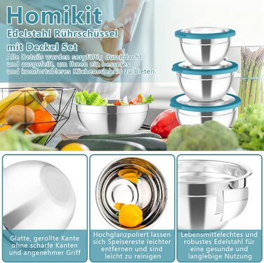 Набір мисок Homikit з нержавіючої сталі з кришками, тертки для кухні (5 шт., блакитний)