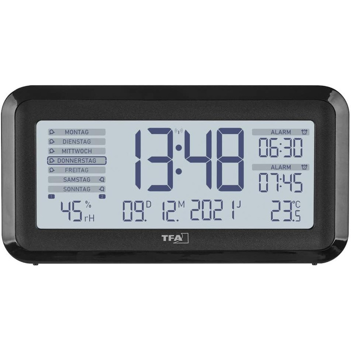 TFA Dostmann Digital Radio Alarm Clock BOXX2, 60.2562.01, German display, 2 alarm times, room climate monitoring, with weekday, with battery, black, (L) 138 x (W) 52 x (H) 72 mm