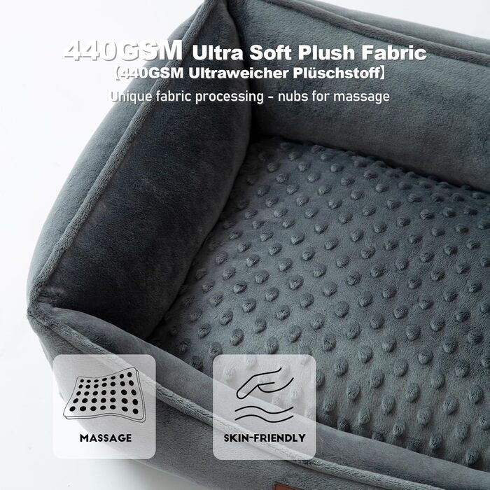 Dog Bed for Small and Medium Dogs 65x55x18cm, Washable Dog Cushions, Removable Cover, Dog Sofa Dog Basket with Raised Edges, Fluffy Cat Bed Dog Bed with Nubs, Dark Grey