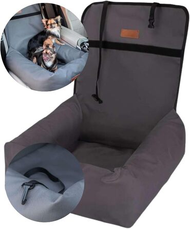 Крісло-ліжко для собак Petsen з іменем, сіре. Зручне автокрісло для собак маленьких порід, автоліжко з ліжком та поводок.