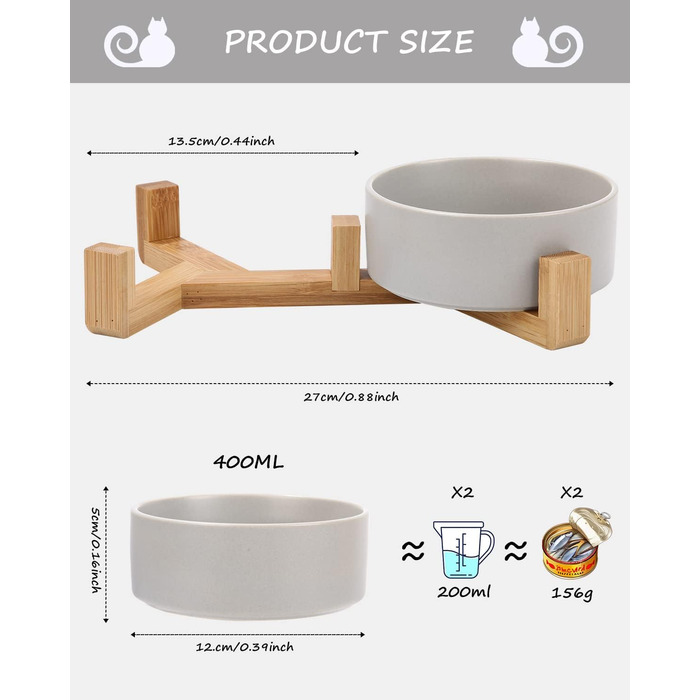 Миска для корму для собак і котів з кераміки з бамбуковим підставкою та антиковзним килимком (400 мл, 2 шт., зелений/сірий)