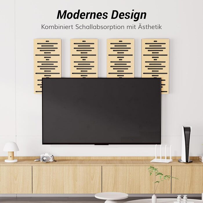 Акустичні панелі TONOR з шпоном під дерево, самоклейні (4 шт, 60x30x4.7 см) для звукоізоляції та декору стін, колір дуб — для вітальні та офісу