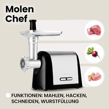 ZEEGMA Electric Meat Grinder - 1900W, Stainless Steel Plates, 3kg/min, Sausage Maker, Kubbe Maker, Chopping, Dicing, REV Function, Accessory Set - Silver