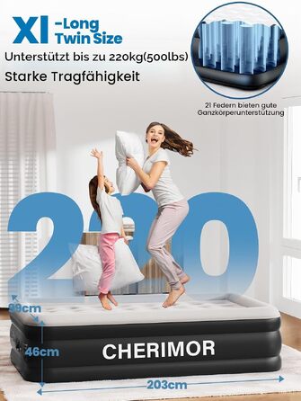 Самонадувний матрац CHERIMOR для дому та кемпінгу, 203x99x46 см, чорний (BLA Black), витримує до 220 кг, з сумкою для перенесення
