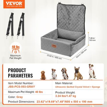 Автокрісло для собак VEVOR, підставка для собак у машину з кишенею для зберігання, страхувальний поводок, наповнювач з губки та PP-бавовни, автоліжко для собак маленьких та середніх порід до 18 кг