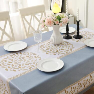Rayapot PVC Tablecloth Wipeable Table Cover, Plastic Washable Cuttable Tablecloth, Plastic Waterproof Tablecloth, For Kitchen Dining Room - Leaves - Blue - 140x220cm