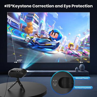 Портативний проєктор Mini Beamer 1080p з Wi-Fi, Bluetooth та штативом. Підтримка HDMI, USB, смартфонів, TV-Stick. Ідеально для домашнього кінотеатру та спальні. Чорний колір.