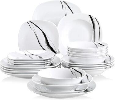 VEWEET Набір посуду з порцеляни для 4 осіб (24 елементи), серія FIONA: чорно-сірий декор, 12 елементів (тарілки та миски), підходить для щоденного використання, миється в посудомийній машині та розігрівається в мікрохвильовці