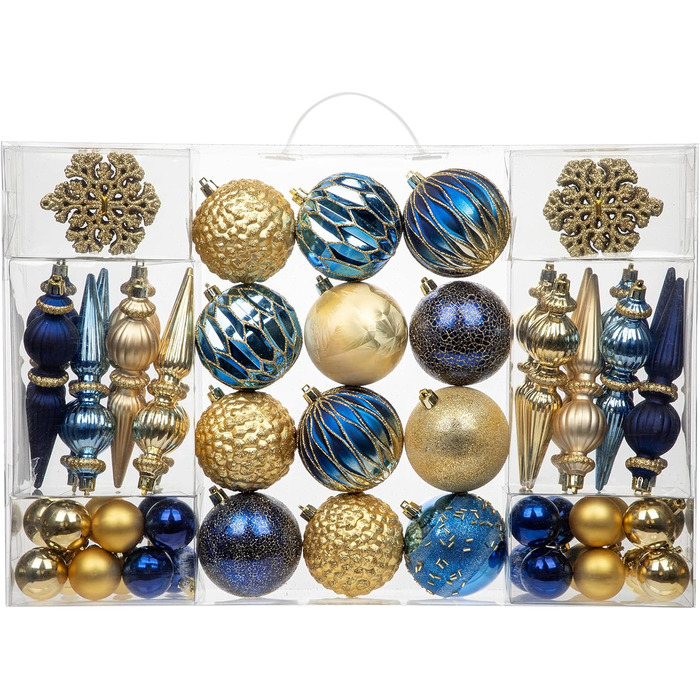 Набір прикрас для ялинки 92 шт. – Стійкі до пошкоджень ялинкові кулі блакитного та золотого кольорів – прикраси для ялинки, вінка, різдвяний декор