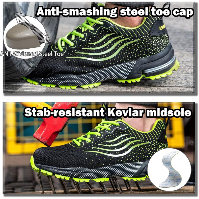 Зручні робочі черевики ISOOUS з металевим підноском для чоловіків та жінок. Легкі, дихаючі, неслизькі, захисні черевики, 42 EU, зелені.