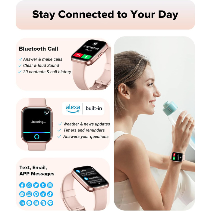 Розумний годинник для жінок з функцією телефону, 1.7' сенсорний екран, крокомір, пульсометр, моніторинг сну, SpO2, нагадування WhatsApp, IP68 водонепроникність, фітнес-трекер, рожевий