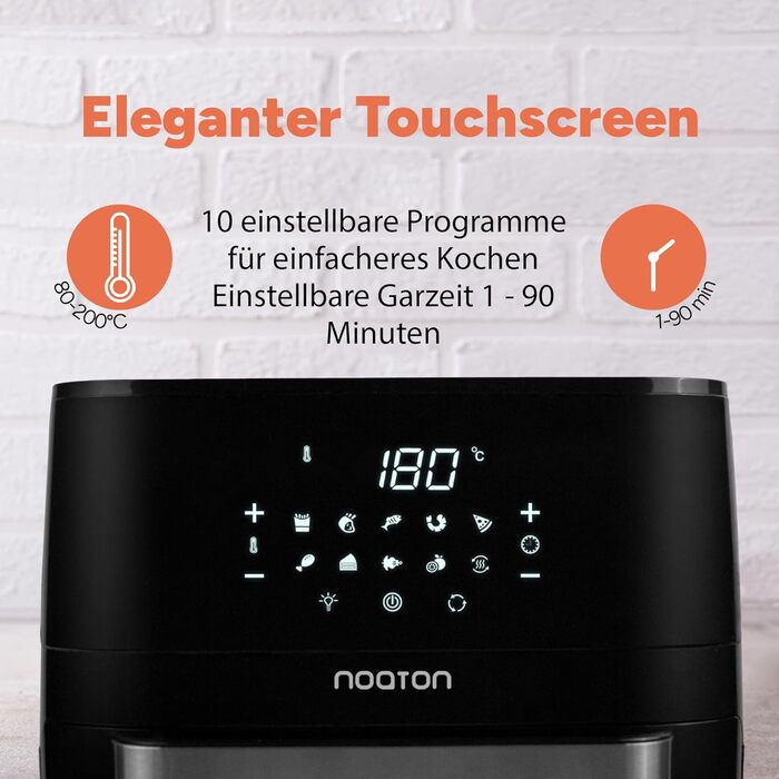 Аерофритюрниця Noaton A120 Ultra Pro 12 л, без олії, 1800 Вт, 10 програм, цифровий дисплей, компактна, для 1-4 осіб, з кулінарною книгою та кухонними щипцями, чорна