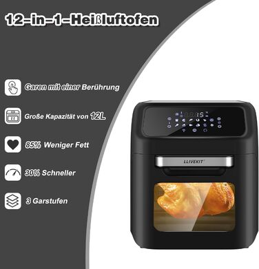LLIVEKIT Air Fryer Hot Air Oven 12L, 1800W Mini Oven with 6 Accessories & Recipe Book, 12-in-1 Air Fryer with Digital LED Display, Fruit Dehydrator, Barbecue, Oil-Free Air Fryer 12L Black