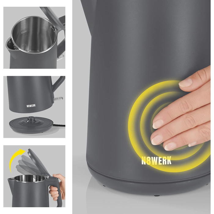 Електричний чайник з подвійними стінками Nordic Grey, 1.5 л, бездротовий, 2200 Вт, 360° обертання