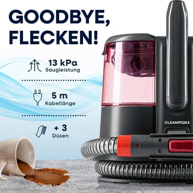 CLEANmaxx Професійний пароочисник для м'яких меблів та килимів Pro Steam | 3 в 1: очищувач м'яких меблів, точковий очищувач, миючий пилосос | Видаляє плями з килимів, авто, диванів тощо (червоний з шампунем, Pro Power 600W)