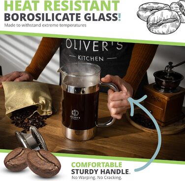 Френч-прес Oliver's Kitchen® 1 літр - скляний заварник для кави, срібний | Елегантний дизайн, для автентичного смаку