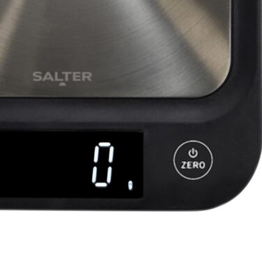 Кухонні ваги Salter 1068 SSBKDR: цифрові, нержавіюча сталь, 5 кг, з функцією тарування, вимірювання рідин (мл/fl. oz), LCD-дисплей, чорний, стильний дизайн, легко миються