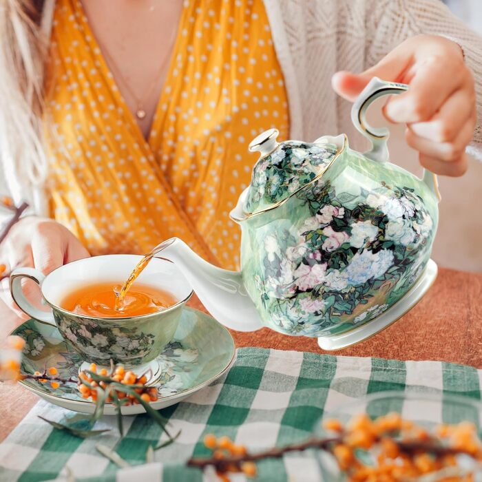 Порцелянова чайник з кістяної порцеляни 1 л Vintage Floral, біла троянда, для чаю та кави, подарунок для чайної вечірки