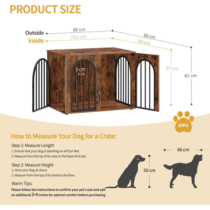 Клітка для собак Hzuaneri, 80 см, 3 двері, бокова дверцята, сучасний дизайн, стіл-клітка, міцна, 80x56x61 см, вінтажний колір, DFC85101B