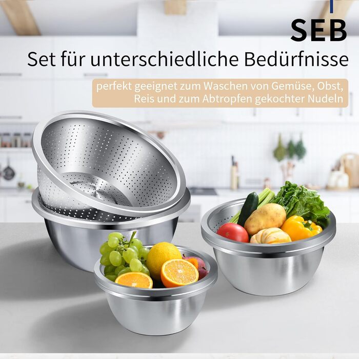 Ситечко кухонне нержавіюча сталь 24 см (2 шт.) з мисками для перемішування. Підходить для миття овочів, фруктів, пасти. Можна мити в посудомийній машині.