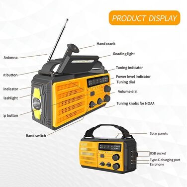 Радіо TKMARS Notfall 8000mAh: радіо з ручкою, FM/AM, сонячна панель, зарядка 2 телефонів, 3-рівні освітлення, SOS-сигнал