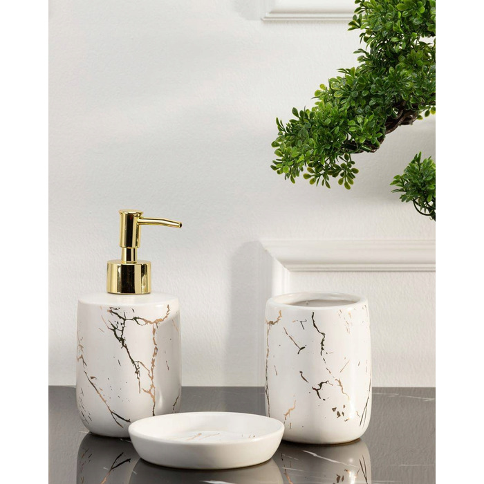 Набір аксесуарів для ванної кімнати (3 предмети), біло-золотий, стиль гламур