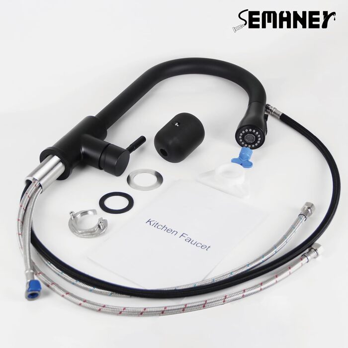 Кухонний змішувач SEMANEY з витяжною насадкою, чорний матовий, з 3 функціями, 360° обертання, з нержавіючої сталі